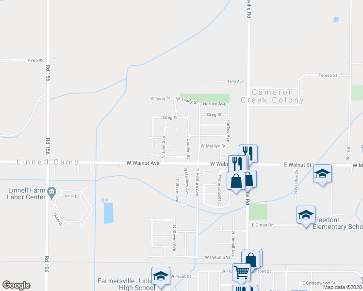 map of restaurants, bars, coffee shops, grocery stores, and more near 700 West Marilyn Street in Farmersville