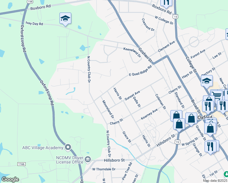 map of restaurants, bars, coffee shops, grocery stores, and more near 504 Harris Street in Oxford