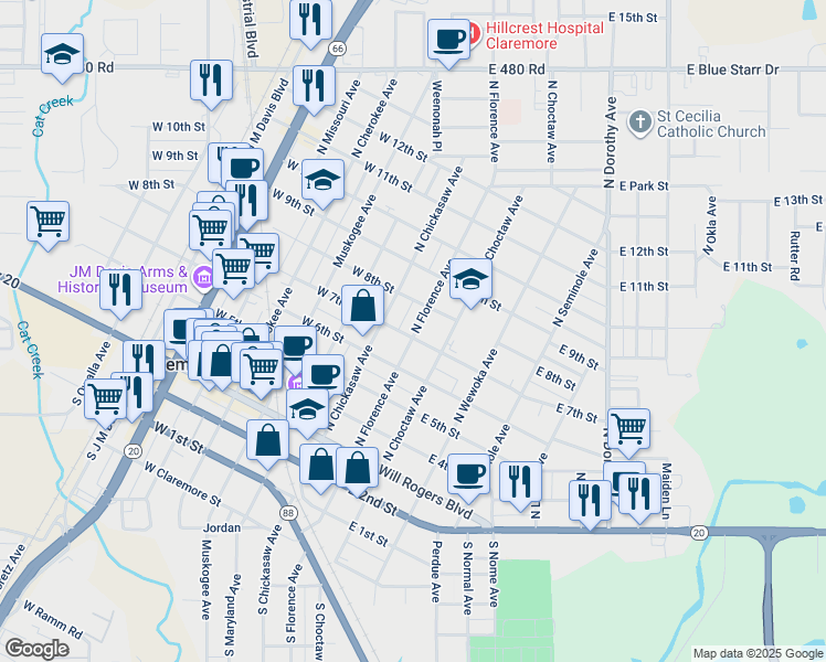 map of restaurants, bars, coffee shops, grocery stores, and more near 122 East 7th Street in Claremore