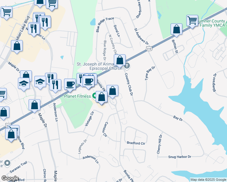 map of restaurants, bars, coffee shops, grocery stores, and more near Windsor Park Lane in Hendersonville