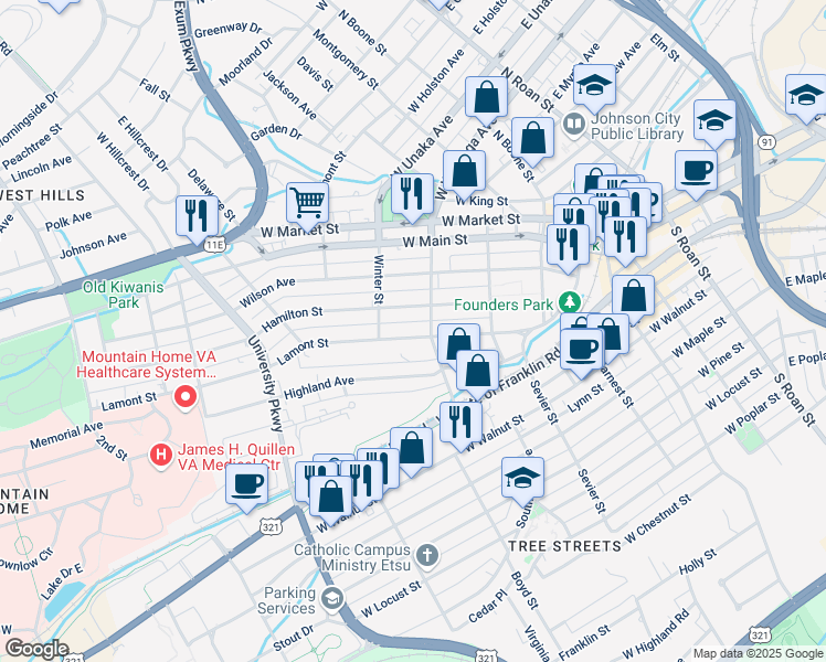 map of restaurants, bars, coffee shops, grocery stores, and more near 306 Lamont Street in Johnson City