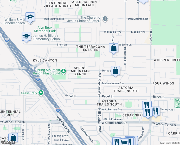 map of restaurants, bars, coffee shops, grocery stores, and more near 8840 Spinning Wheel Avenue in Las Vegas
