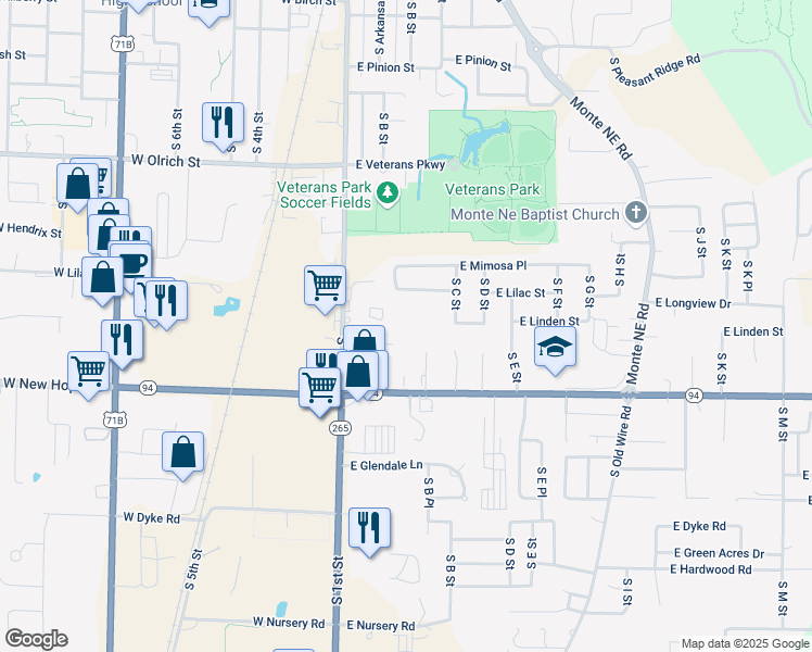 map of restaurants, bars, coffee shops, grocery stores, and more near 115 East Linden Street in Rogers