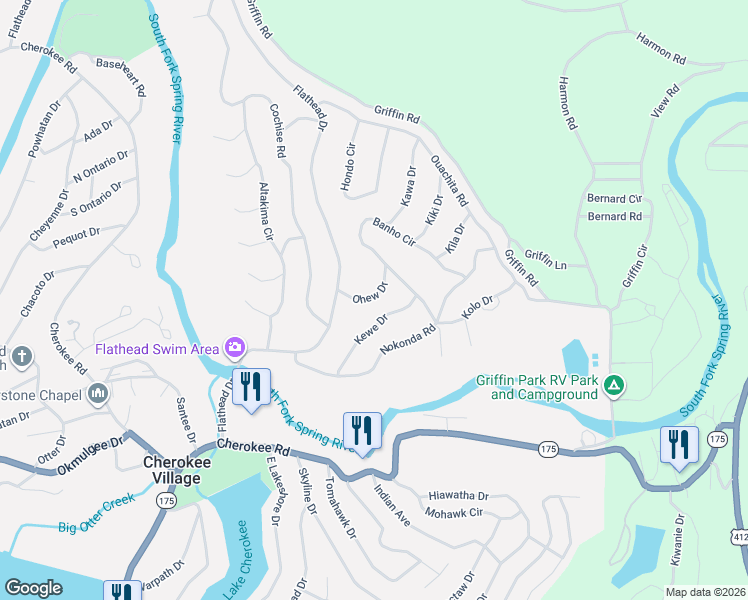 map of restaurants, bars, coffee shops, grocery stores, and more near 13 Ohew Drive in Cherokee Village