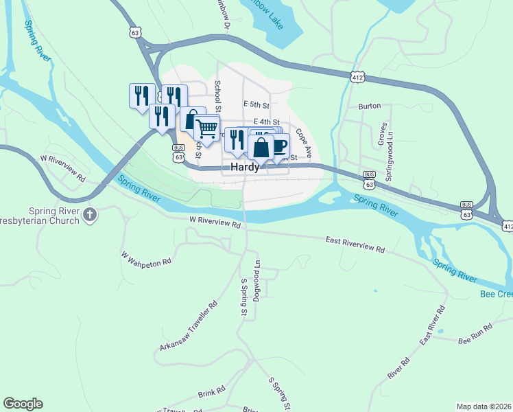 map of restaurants, bars, coffee shops, grocery stores, and more near 19 East Valley Drive in Hardy