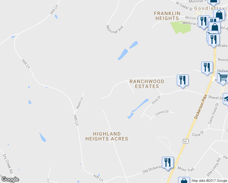 map of restaurants, bars, coffee shops, grocery stores, and more near 414 Rosehill Drive in Goodlettsville