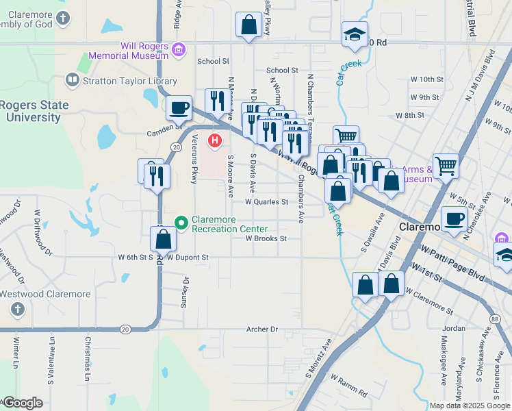 map of restaurants, bars, coffee shops, grocery stores, and more near 1325 West Quarles Street in Claremore