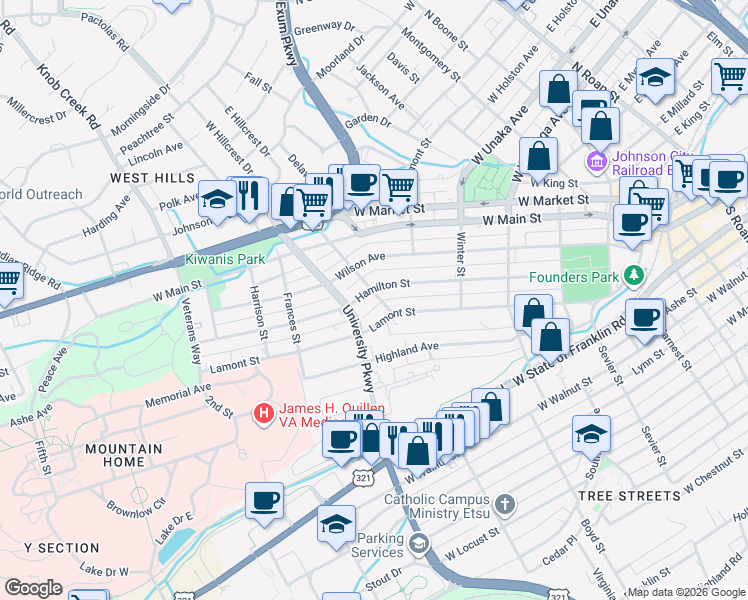 map of restaurants, bars, coffee shops, grocery stores, and more near 100 Hillcrest Drive in Johnson City