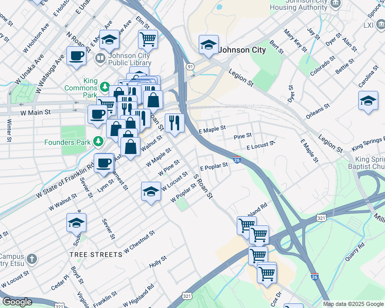map of restaurants, bars, coffee shops, grocery stores, and more near 110 East Pine Street in Johnson City