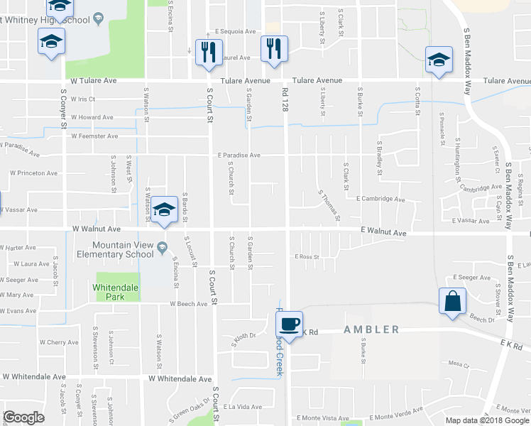 map of restaurants, bars, coffee shops, grocery stores, and more near 1850 South Garden Street in Visalia