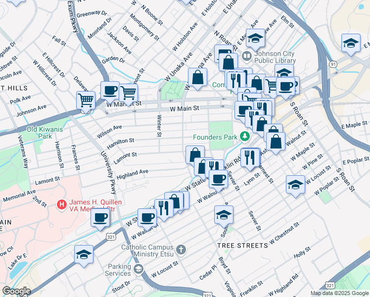 map of restaurants, bars, coffee shops, grocery stores, and more near 224 Lamont Street in Johnson City