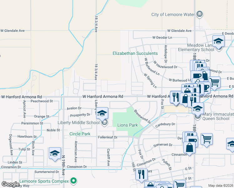 map of restaurants, bars, coffee shops, grocery stores, and more near 18600-18676 West Hanford Armona Road in Lemoore