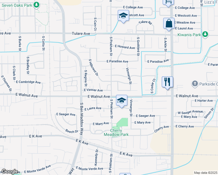 map of restaurants, bars, coffee shops, grocery stores, and more near 2322 East Vassar Avenue in Visalia