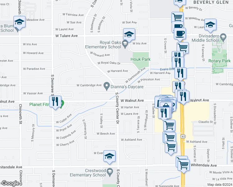 map of restaurants, bars, coffee shops, grocery stores, and more near 3130 West Vassar Avenue in Visalia