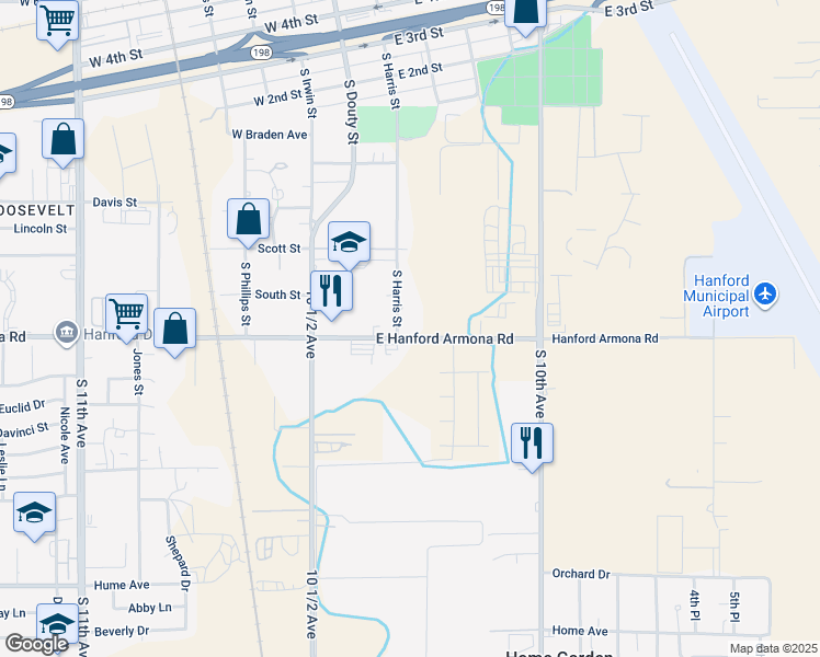 map of restaurants, bars, coffee shops, grocery stores, and more near 240 East Hanford Armona Road in Hanford