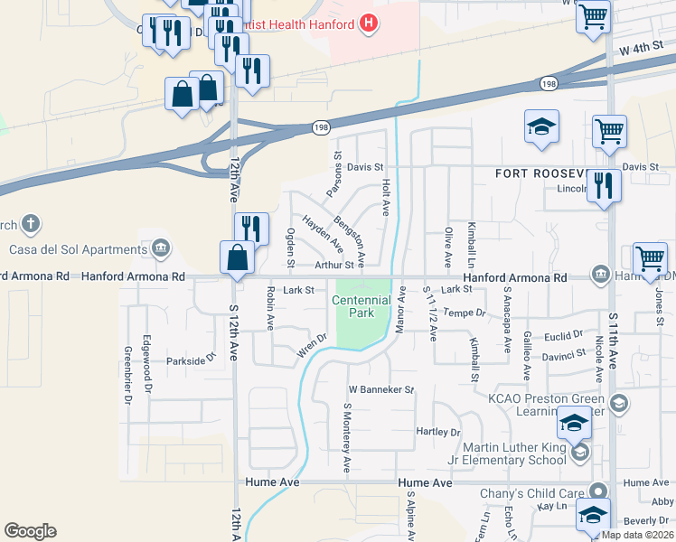 map of restaurants, bars, coffee shops, grocery stores, and more near 11730-11860 Hanford Armona Road in Hanford