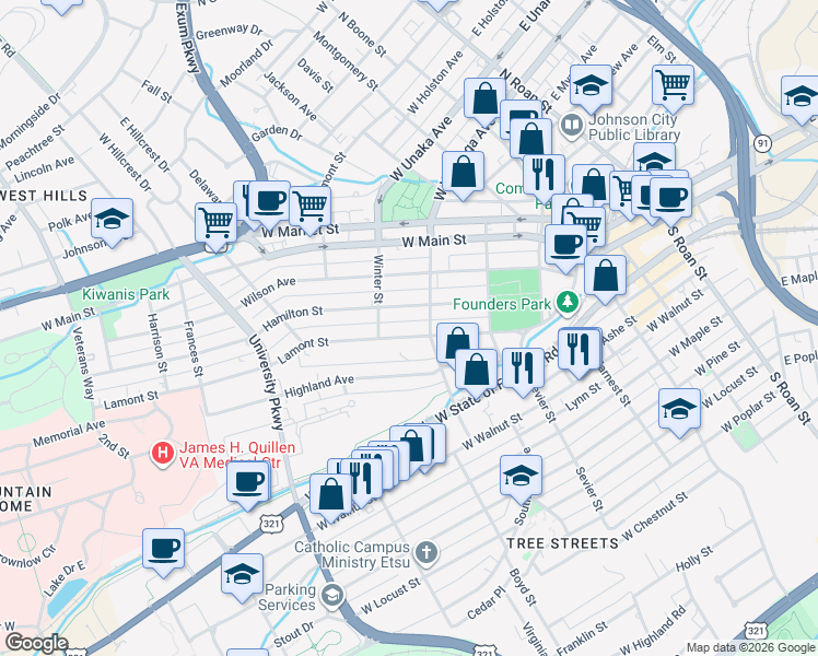 map of restaurants, bars, coffee shops, grocery stores, and more near 306 Lamont Street in Johnson City