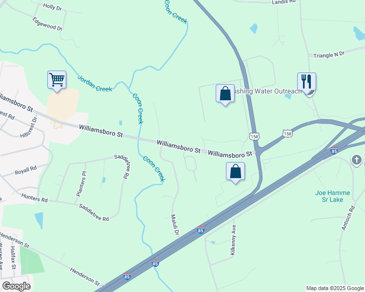 map of restaurants, bars, coffee shops, grocery stores, and more near 1113 Williamsboro Street in Oxford