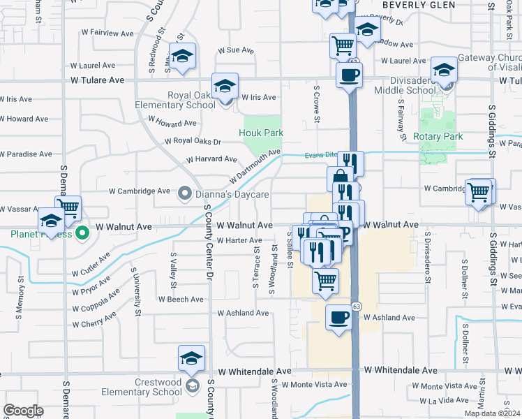 map of restaurants, bars, coffee shops, grocery stores, and more near 1906 South Terrace Street in Visalia