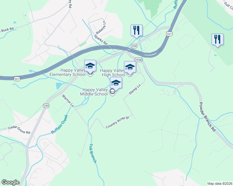 map of restaurants, bars, coffee shops, grocery stores, and more near 163 Warpath Lane in Elizabethton