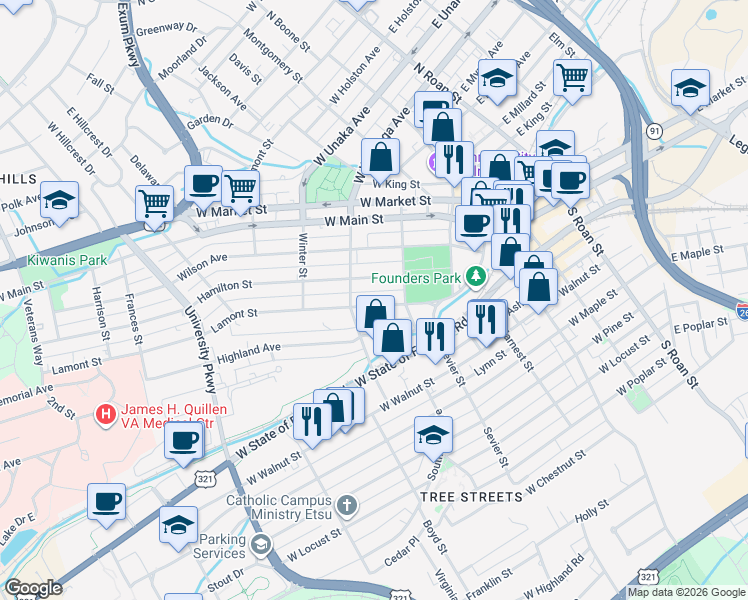 map of restaurants, bars, coffee shops, grocery stores, and more near 219 Lamont Street in Johnson City