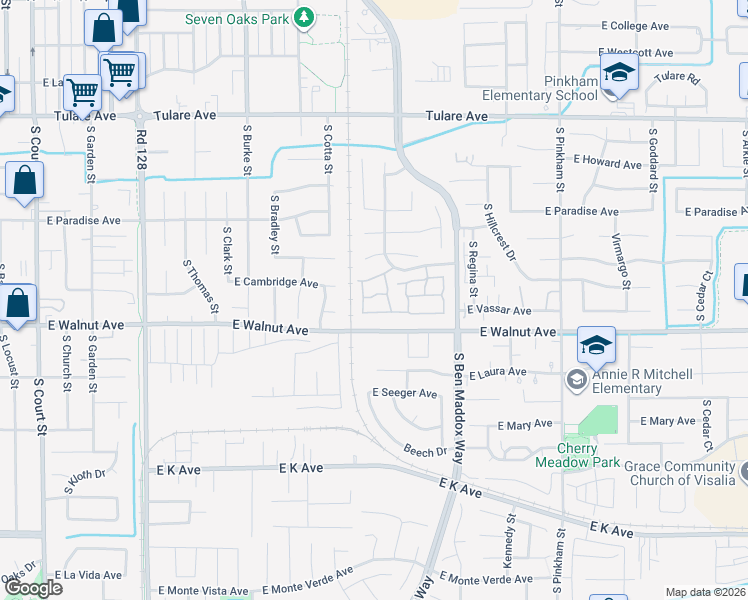 map of restaurants, bars, coffee shops, grocery stores, and more near 1339 East Castlecrest Avenue in Visalia