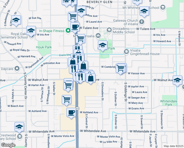 map of restaurants, bars, coffee shops, grocery stores, and more near 1970 West Walnut Avenue in Visalia