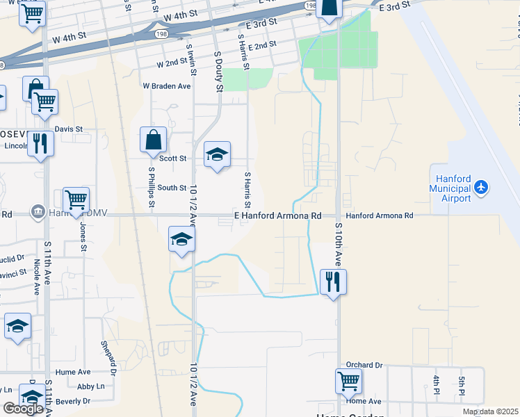 map of restaurants, bars, coffee shops, grocery stores, and more near 240 East Hanford Armona Road in Hanford
