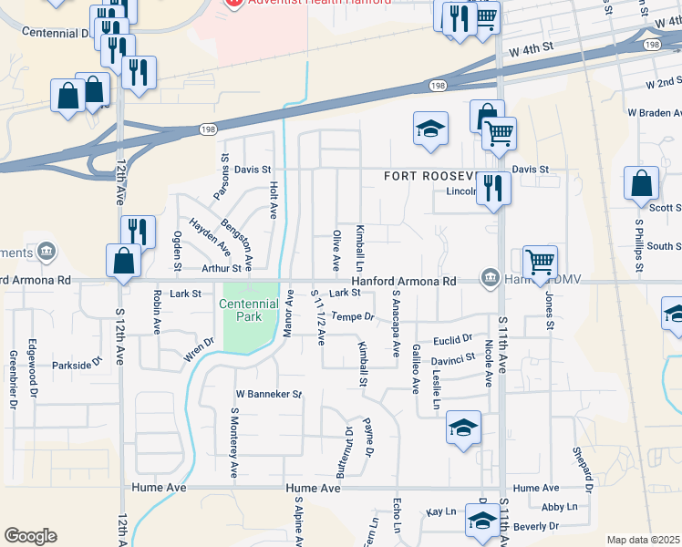 map of restaurants, bars, coffee shops, grocery stores, and more near 987 Olive Avenue in Hanford