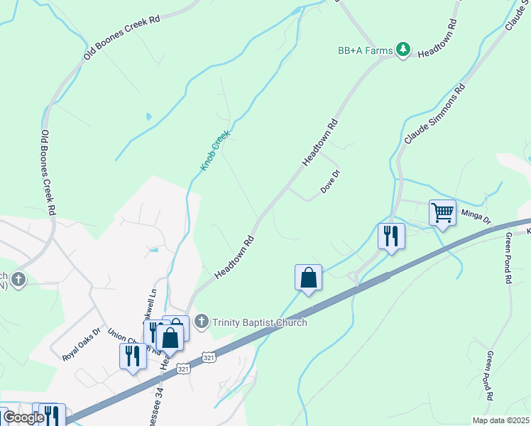 map of restaurants, bars, coffee shops, grocery stores, and more near 373 Headtown Road in Jonesborough