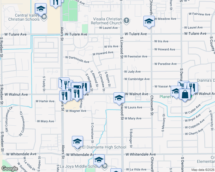 map of restaurants, bars, coffee shops, grocery stores, and more near 4721-4799 West Vassar Avenue in Visalia