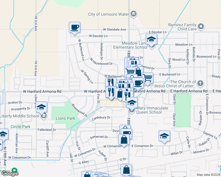 map of restaurants, bars, coffee shops, grocery stores, and more near 166-186 W Hanford Armona Rd in Lemoore