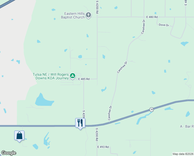 map of restaurants, bars, coffee shops, grocery stores, and more near 20998 South Sunset Drive in Claremore