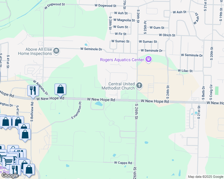 map of restaurants, bars, coffee shops, grocery stores, and more near 2715 West Centennial Drive in Rogers