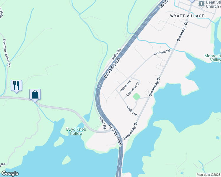 map of restaurants, bars, coffee shops, grocery stores, and more near 620 Kirkham Road in Bean Station