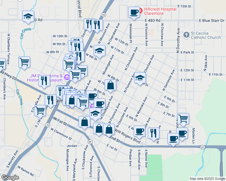 map of restaurants, bars, coffee shops, grocery stores, and more near 409 North Chickasaw Avenue in Claremore