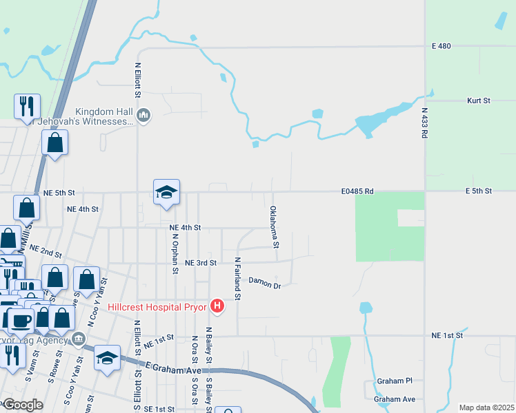 map of restaurants, bars, coffee shops, grocery stores, and more near 1220 Northeast 5th Street in Pryor