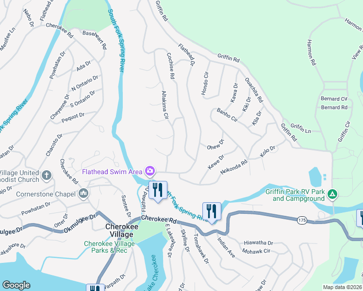 map of restaurants, bars, coffee shops, grocery stores, and more near 113 Cochise Road in Cherokee Village