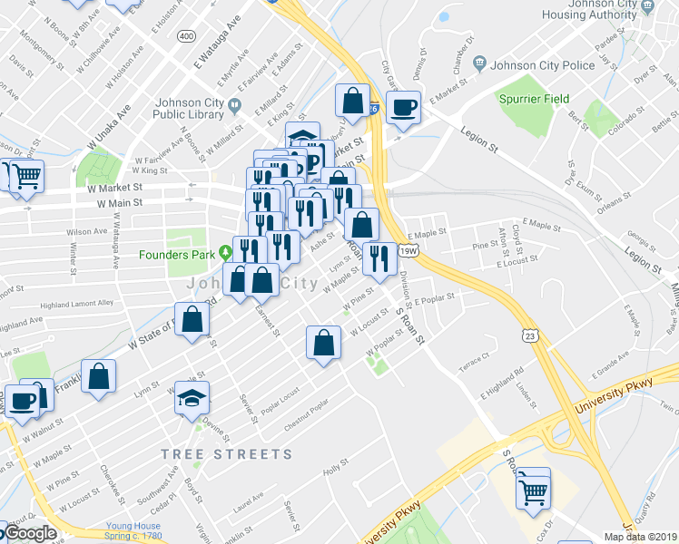 map of restaurants, bars, coffee shops, grocery stores, and more near 112 West Maple Street in Johnson City