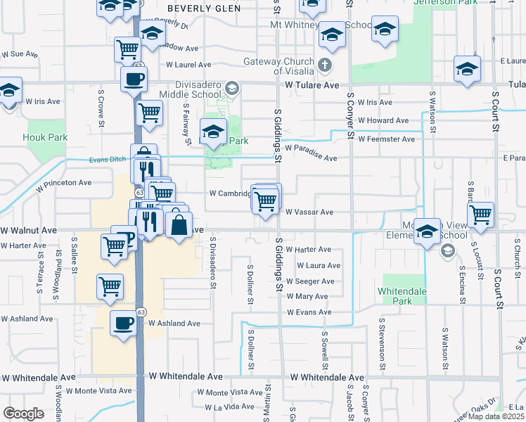 map of restaurants, bars, coffee shops, grocery stores, and more near 1342 West Vassar Avenue in Visalia