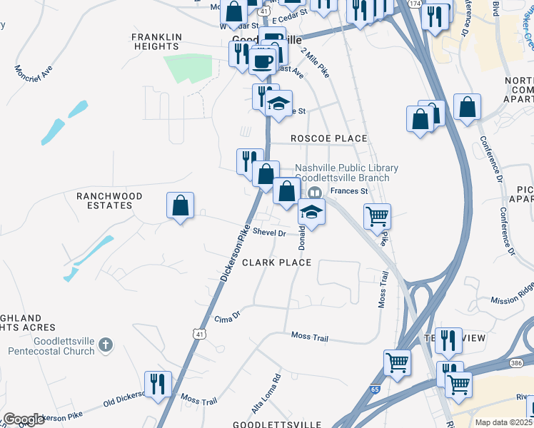 map of restaurants, bars, coffee shops, grocery stores, and more near 600 South Main Street in Goodlettsville