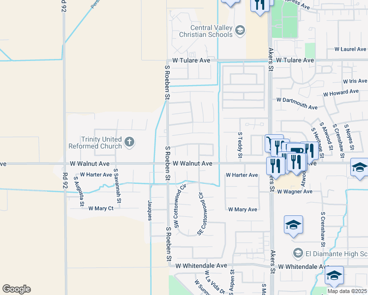 map of restaurants, bars, coffee shops, grocery stores, and more near 1835 South Tommy Court in Visalia
