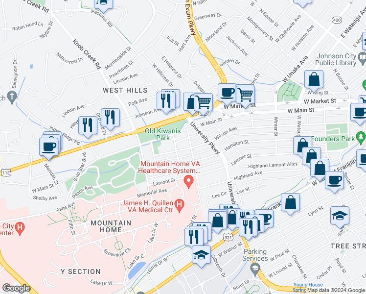 map of restaurants, bars, coffee shops, grocery stores, and more near 806 Wilson Avenue in Johnson City