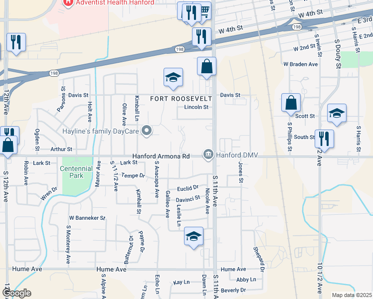 map of restaurants, bars, coffee shops, grocery stores, and more near 1010 Leslie Lane in Hanford