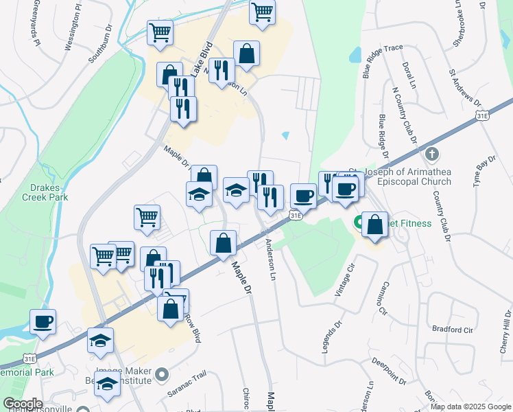 map of restaurants, bars, coffee shops, grocery stores, and more near 130 Maple Drive North in Hendersonville