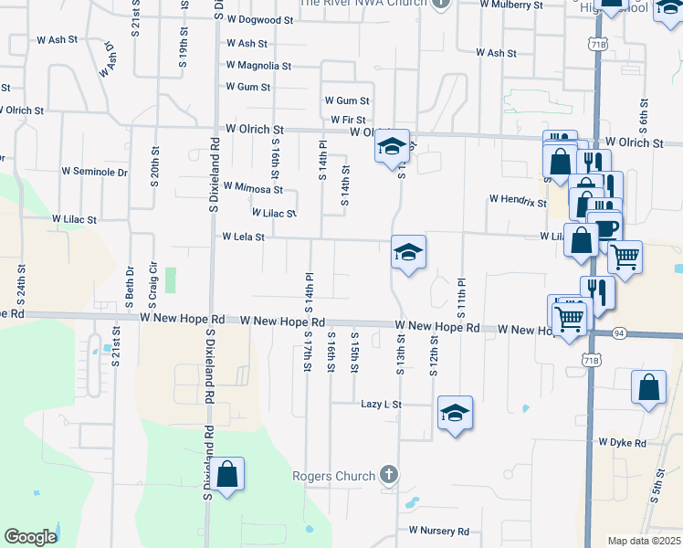 map of restaurants, bars, coffee shops, grocery stores, and more near 1818 South 14th Street in Rogers