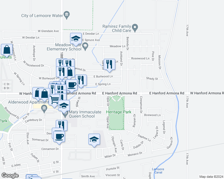 map of restaurants, bars, coffee shops, grocery stores, and more near 550 East Hanford Armona Road in Lemoore