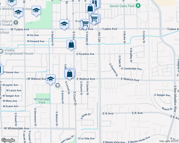 map of restaurants, bars, coffee shops, grocery stores, and more near 1844 South Garden Street in Visalia