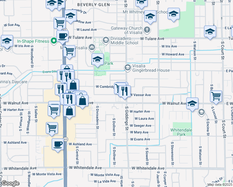 map of restaurants, bars, coffee shops, grocery stores, and more near 1420 West Walnut Avenue in Visalia