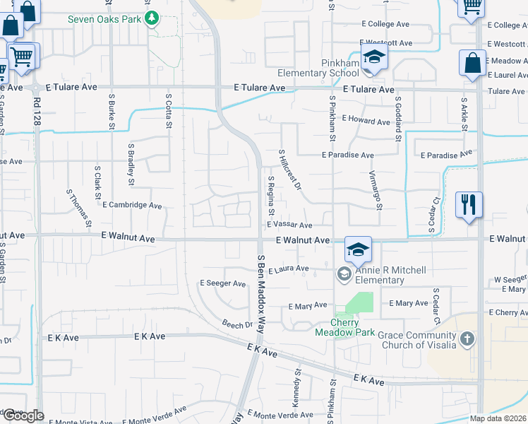 map of restaurants, bars, coffee shops, grocery stores, and more near 1709 East Cambridge Court in Visalia
